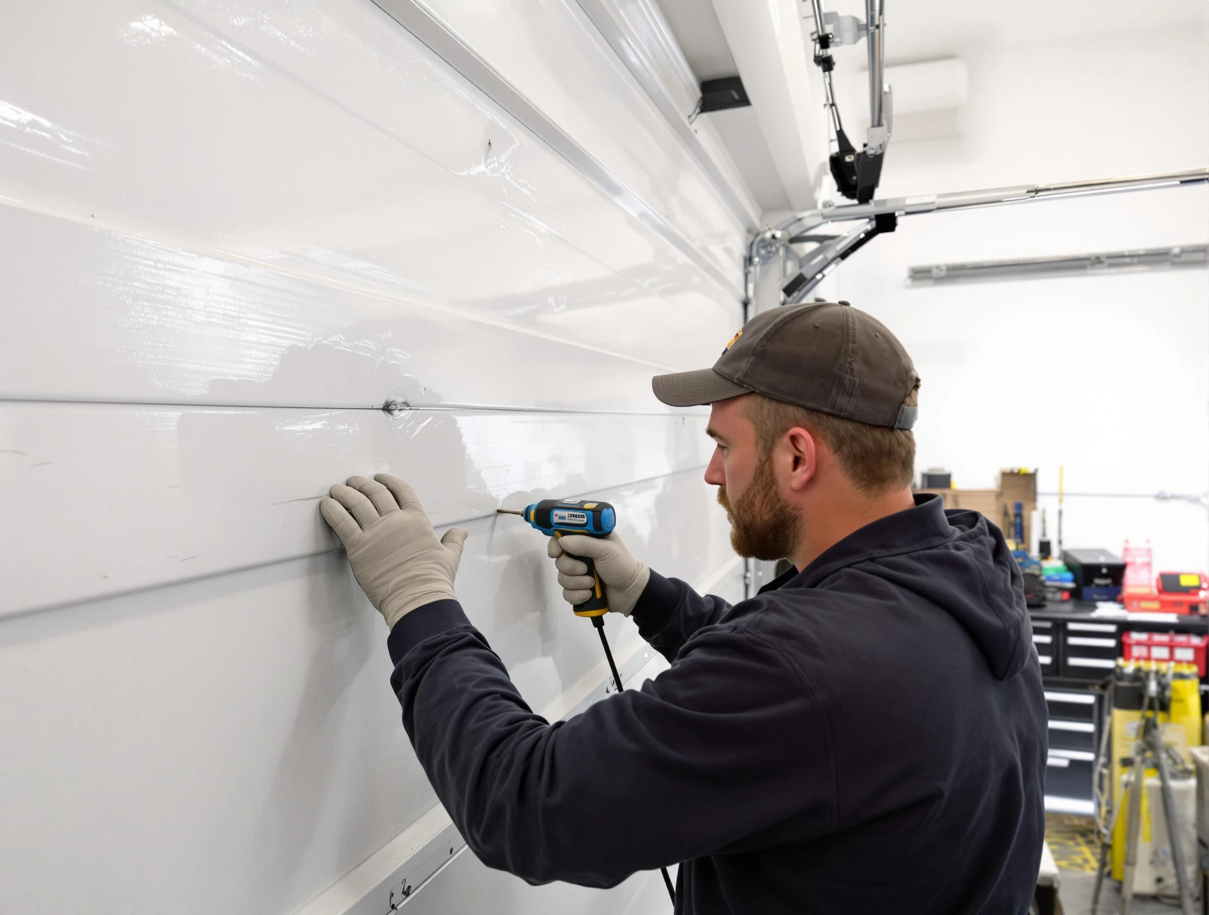 Mahwah Garage Door Repair technician demonstrating precision dent removal techniques on a Mahwah garage door