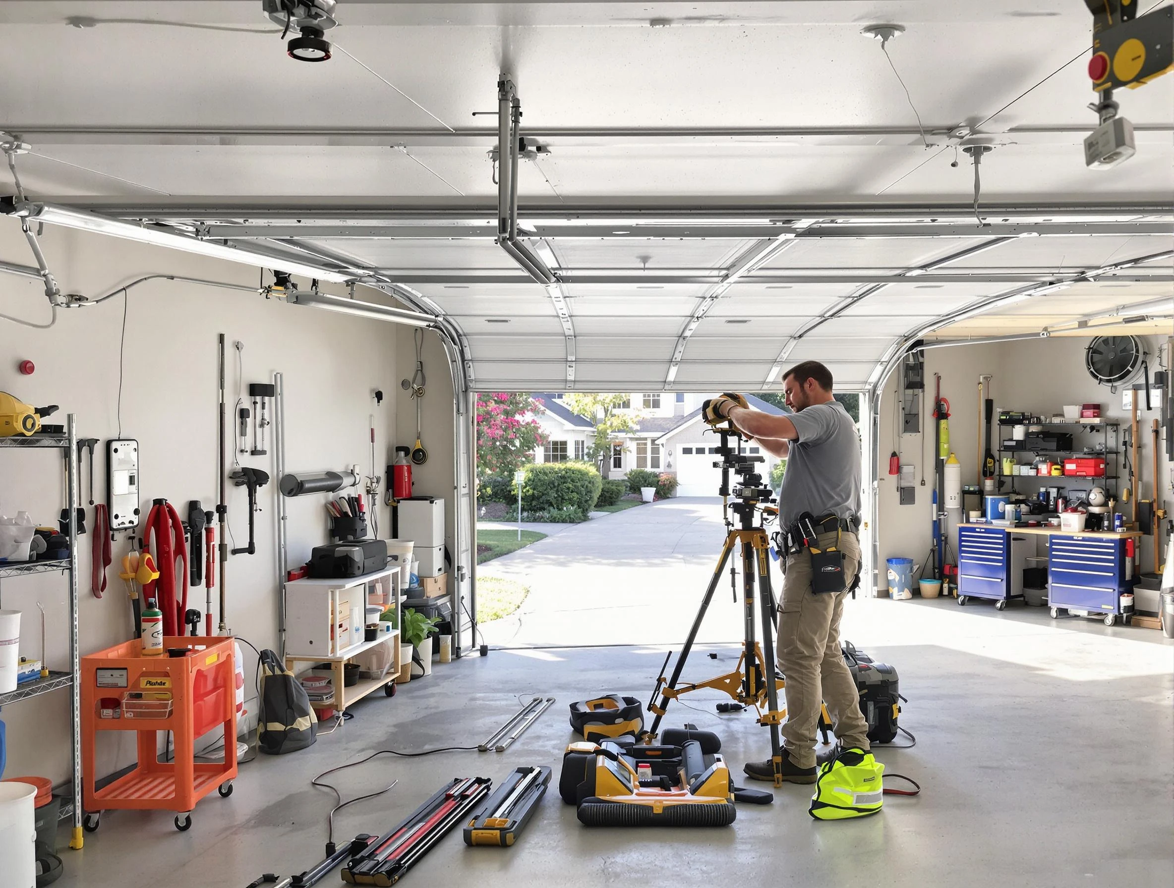 Mahwah Garage Door Repair specialist performing laser-guided track alignment in Mahwah